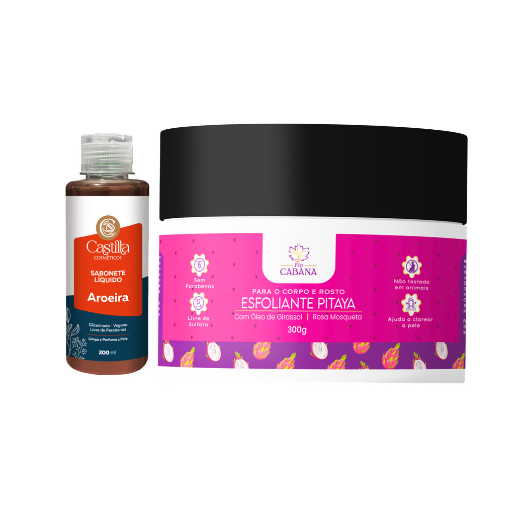 Kit Sabonete Castilla Aroeira 200mL + Esfoliante Pitaya Fio Cabana 300g | Vegano e Hidratante