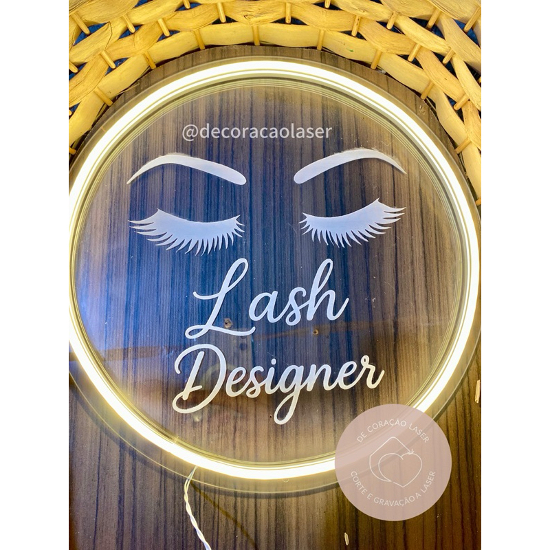 Placa Acrílico Personalizada Lash Designer Cílios Sobrancelhas LED Neon 30cm