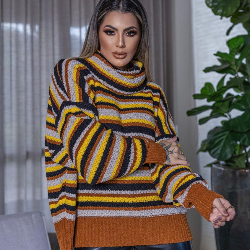 Blusa poncho de inverno modelo feminino gola alta colorido listras classico trico premium