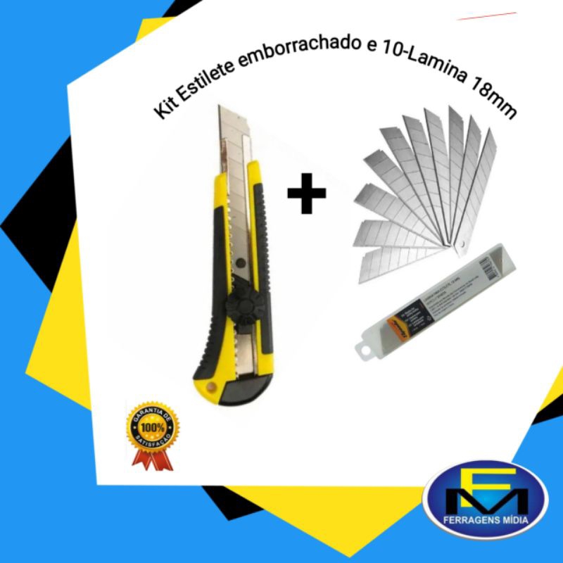 kit Estilete Profissional emborrachado Largo e 10 Lamina de 18mm