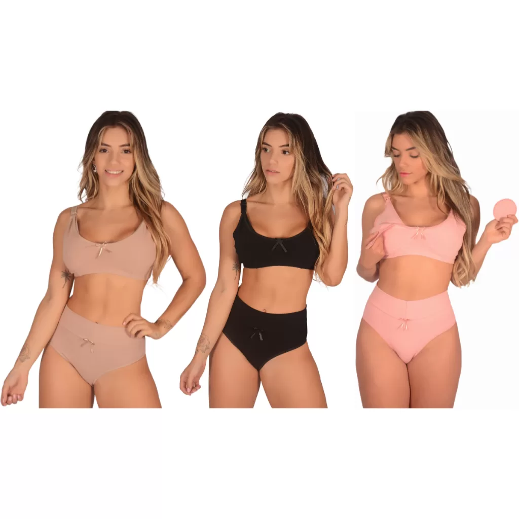 Kit com 3 Conjuntos (Sutiã de Amamentação + Calcinha Pós Parto) Algodão Cintura Alta Sutian Reforçad