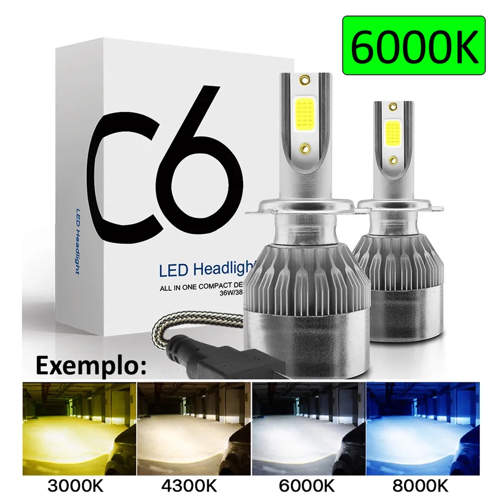 Par de Lâmpadas C6 Super Led 6000K H1 H3 H4 H7 H11 H13 HB3(9005) HB4(9006) H16 H27 – 12V a 24V