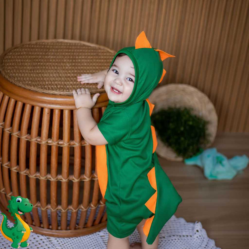 Fantasia Dinossauro Infantil Verde Luxo Macacão Curto Bebê Menino Roupa  Kigurumi Carnaval com Capuz