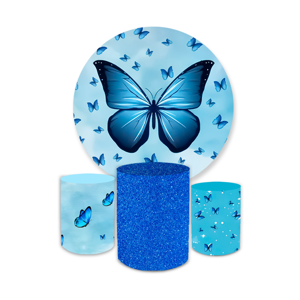Kit Decorativo Painel Redondo C/ Elástico + Trio Capa Cilindro Borboleta Azul Glitter