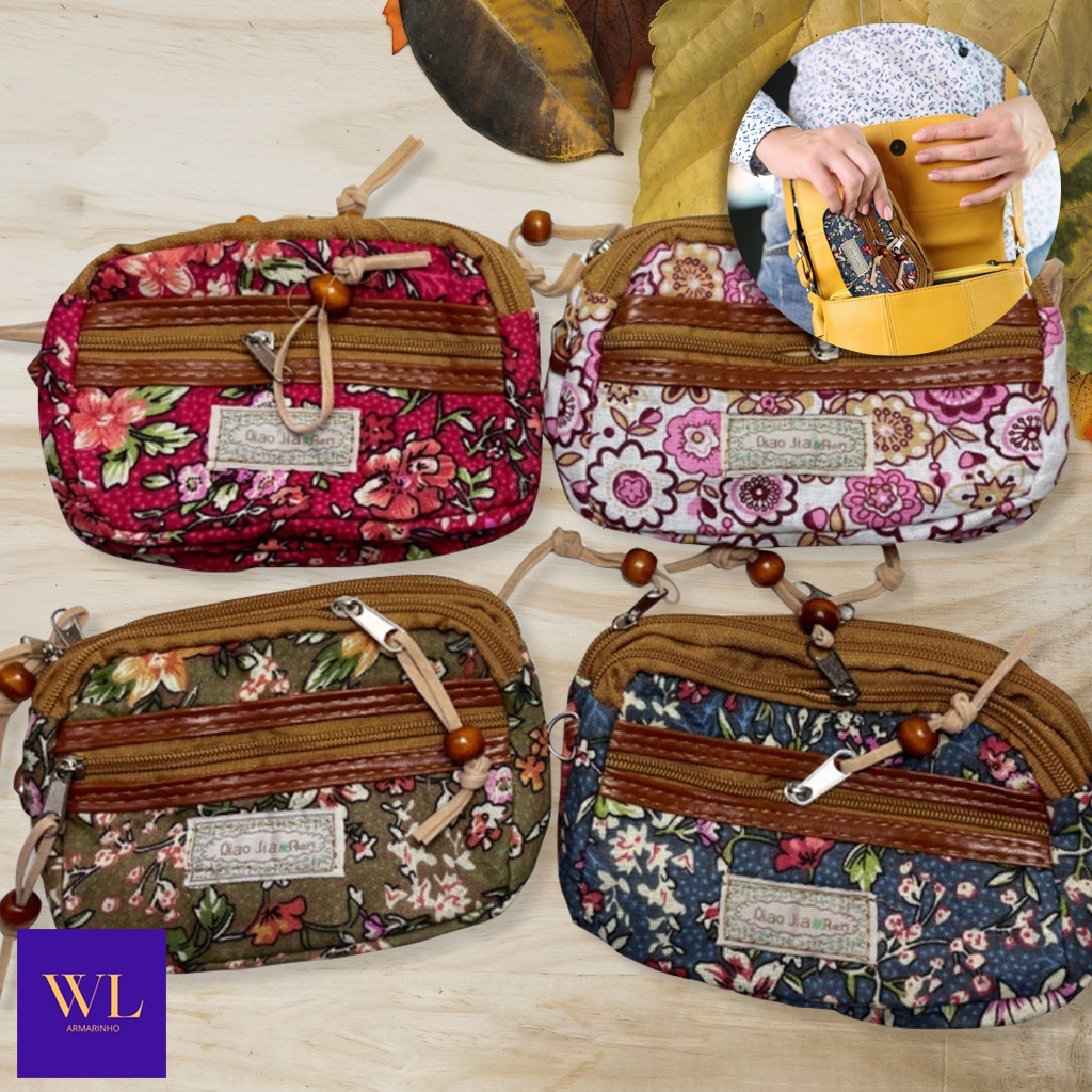 Bolsa Carteira Feminina Floral Com Zíper/ Porta Moedas/ Cartões e Documentos/ 3 Divisórias/ Pequena