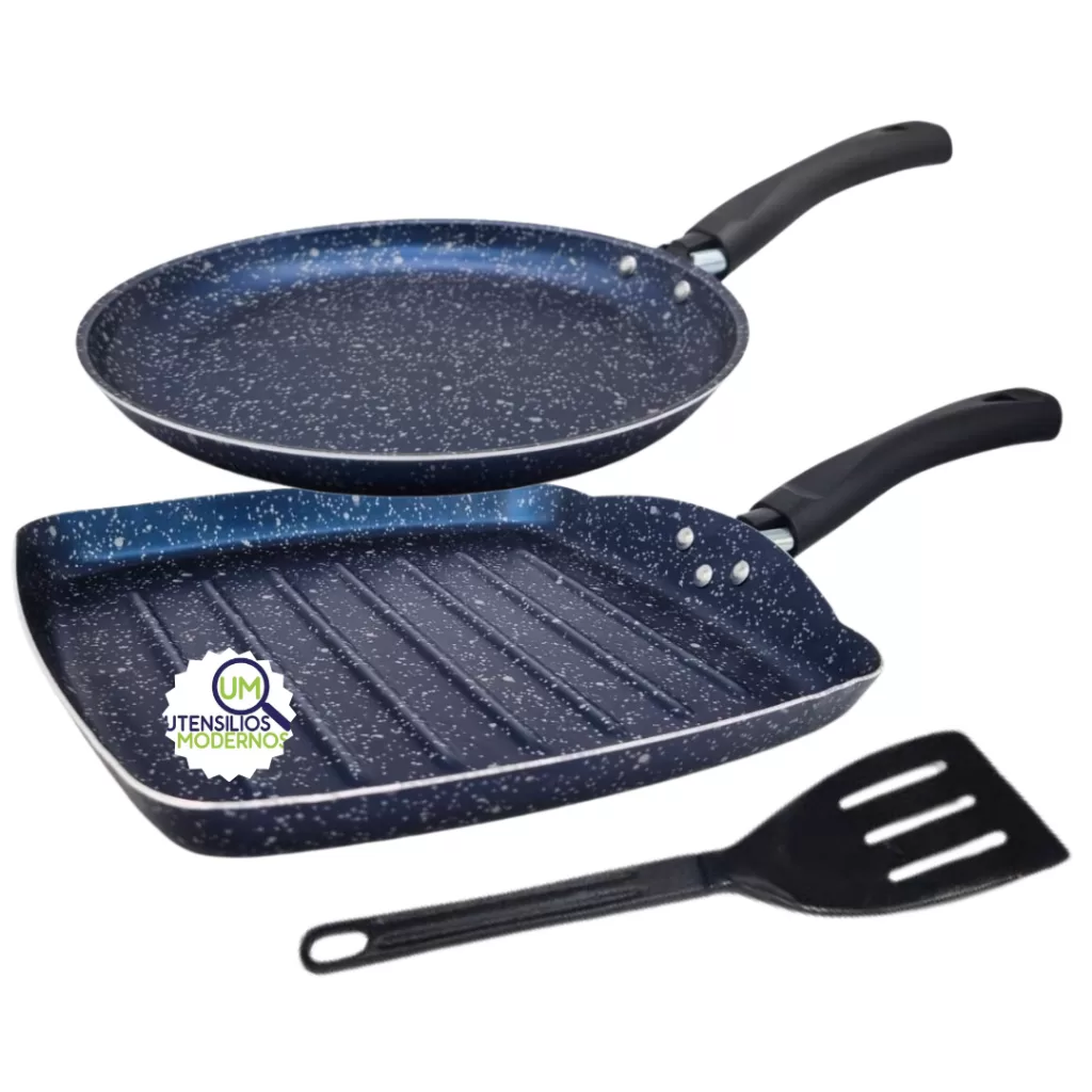 Frigideira Grill Antiaderente 24 cm Quadrada + Panquequeira Antiaderente n°22 Colore + Espátula