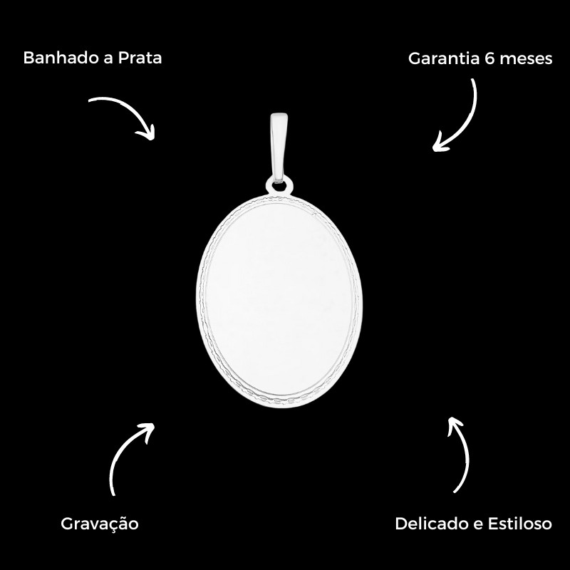 Pingente de Prata 925 Oval Grande Masculino Personalizado Banhado Gravação