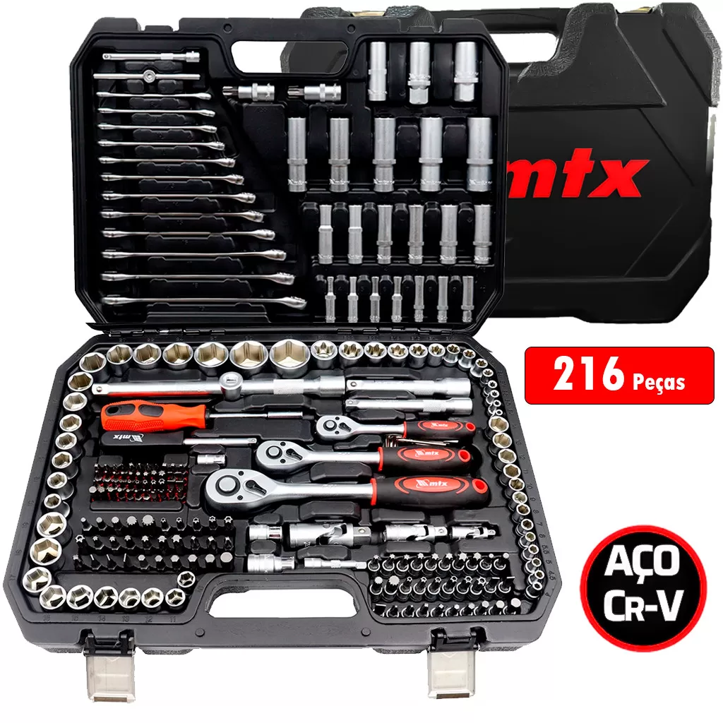 Jogo Ferramentas 216 Pçs Soquetes Chaves Catraca Bits Combinada + Maleta 1353055 – MTX Profissional