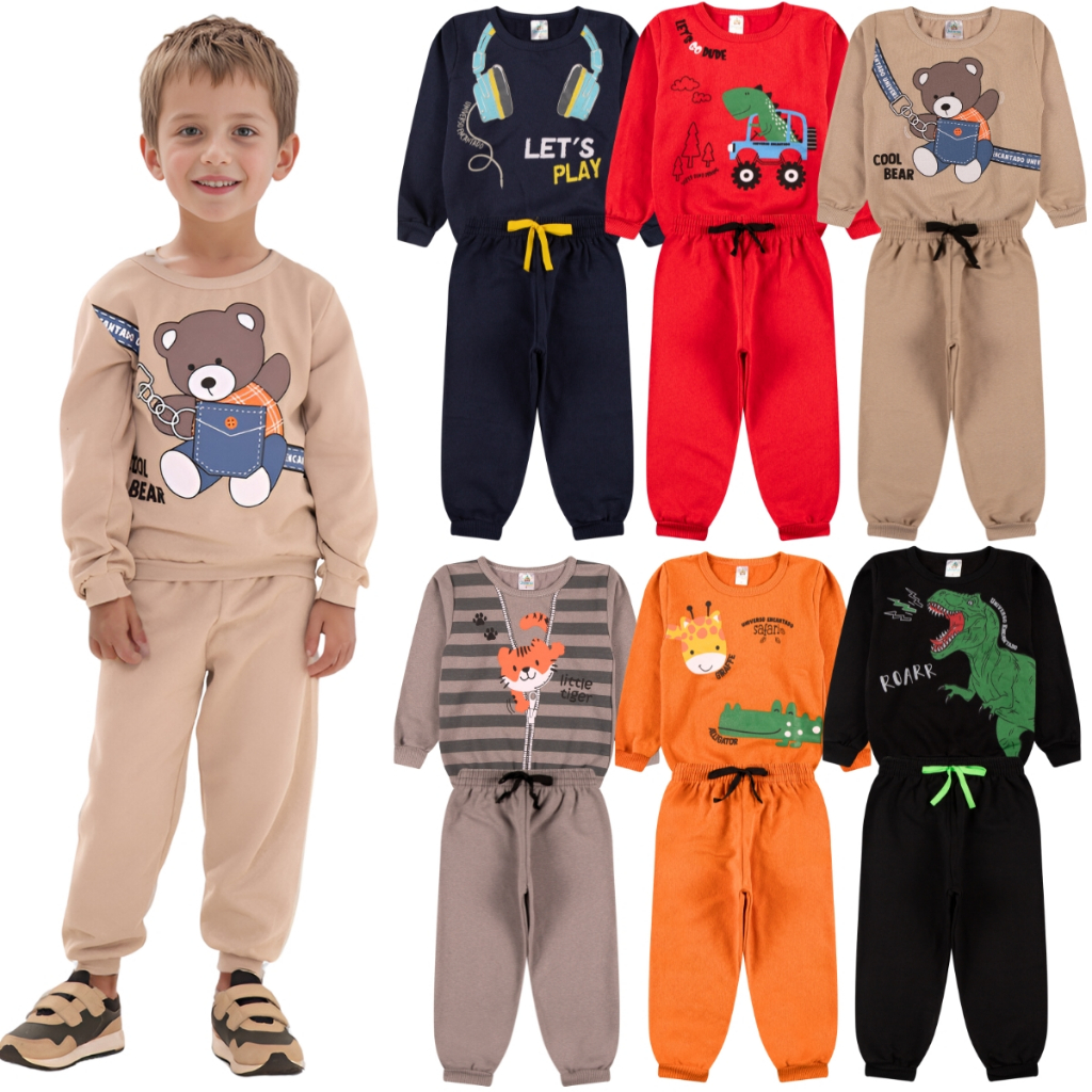 Kit Sortido 6 Peças de Roupas Masculino Infantil Inverno  3 blusas casacos + 3 calças de 1 ao 10  Ki