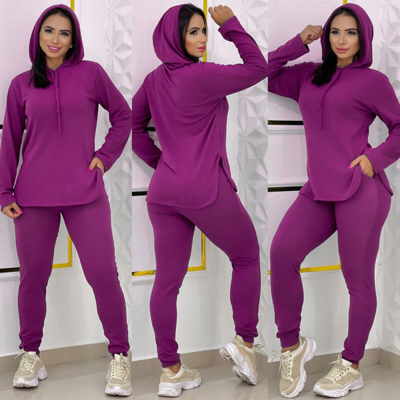 Conjunto Capuz Touca Lanzinha Feminino Outono Inverno 2 Peças Calça e Blusa Manga Longa