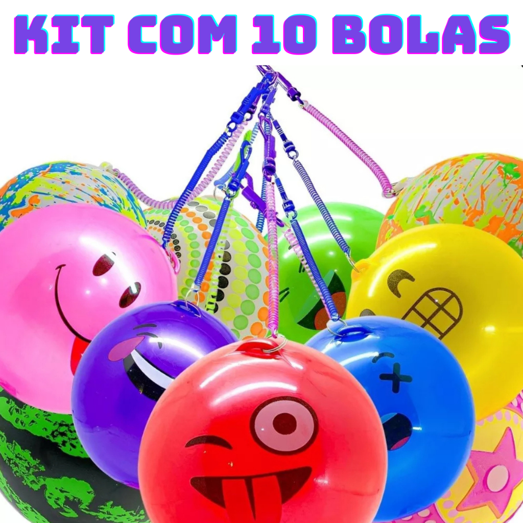 Kit com 10 Bolas de Vinil Borracha Poing Poing com Cordao Mola 23cm Brinquedo Bolas Infantis