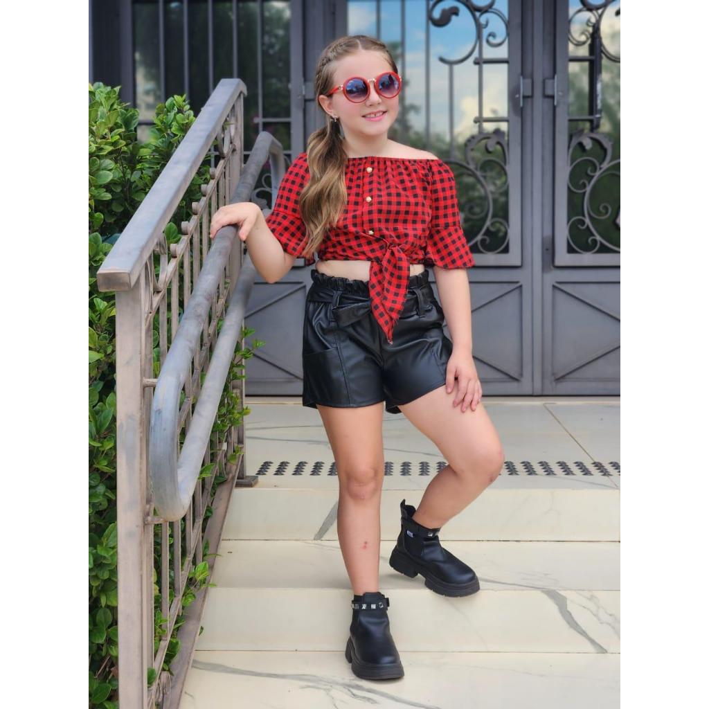 Conjunto Infantil Menina Cropped Amarrar Xadrez + Shorts Couro Moda Country Festa Junina Blogueira