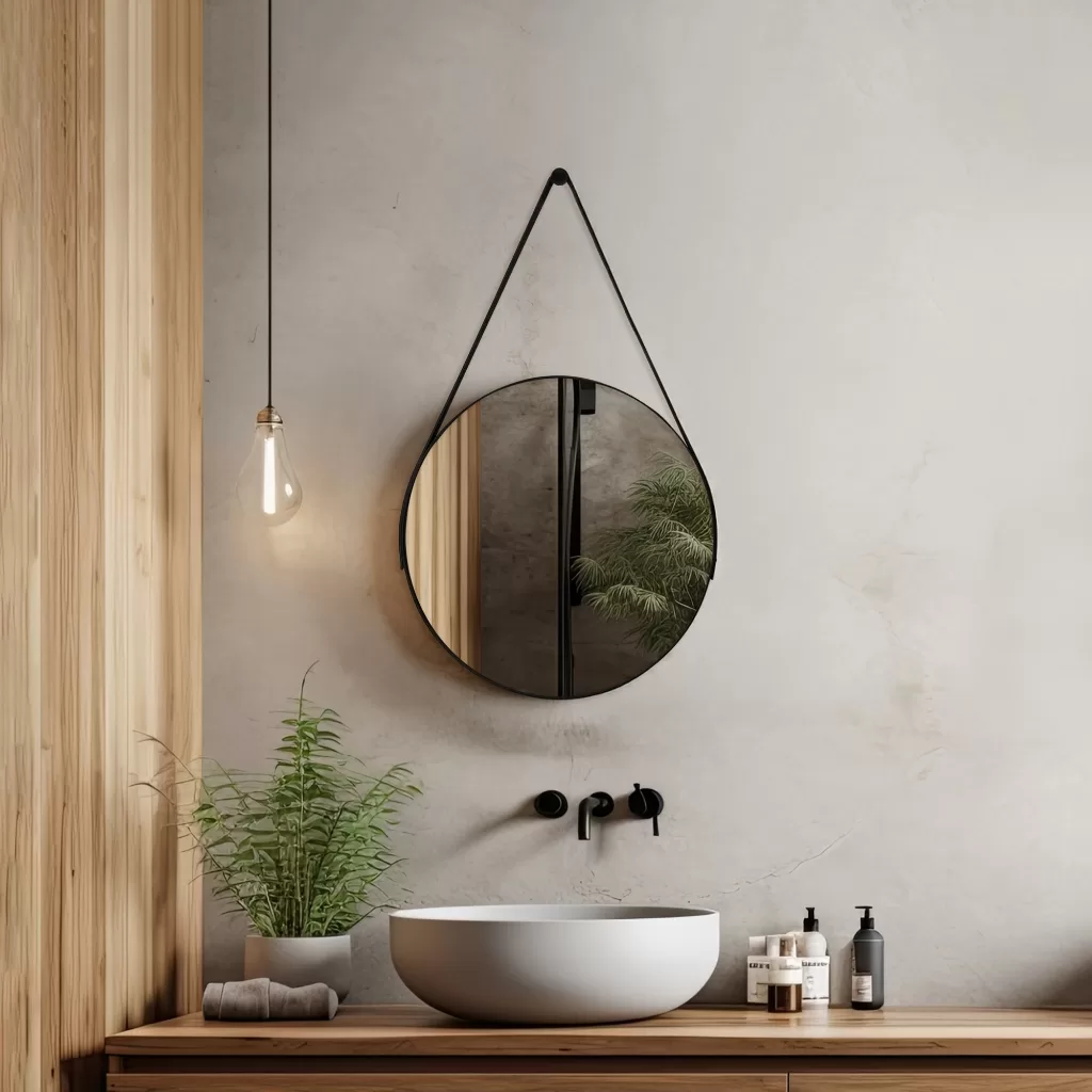 Espelho Redondo Adnet 30cm Com Alça + Suporte e Pendurador Ideal Para Sala / Banheiro / Quarto