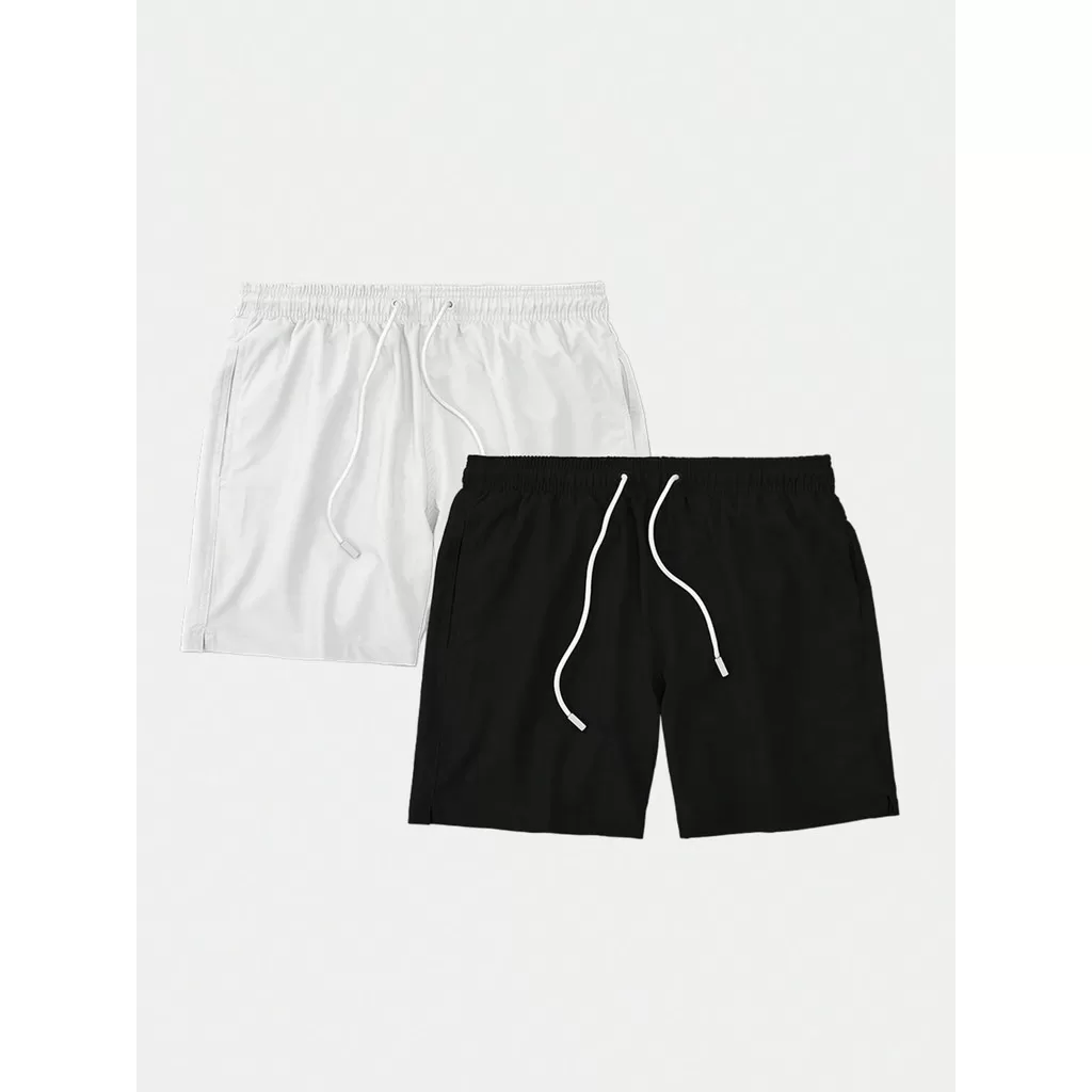 Kit 2 Shorts Masculino Liso Básico Bermuda Tactel Água Praia Treino Academia Preto/Branco