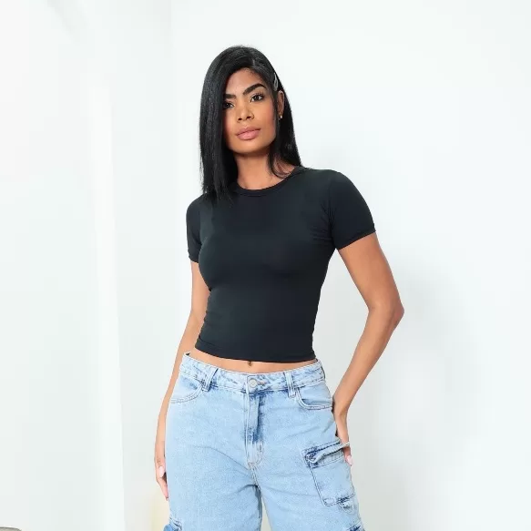 Baby Tee Feminina – Blusa Slim Fit Manga Cur