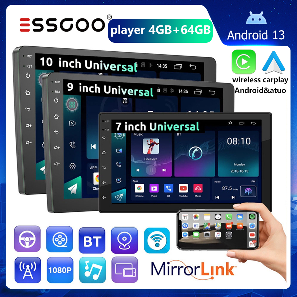 ESSGOO bluetooth 7 9 10 2 din 4 + 64gb android carro mp5 player tela de toque carplay E android carr