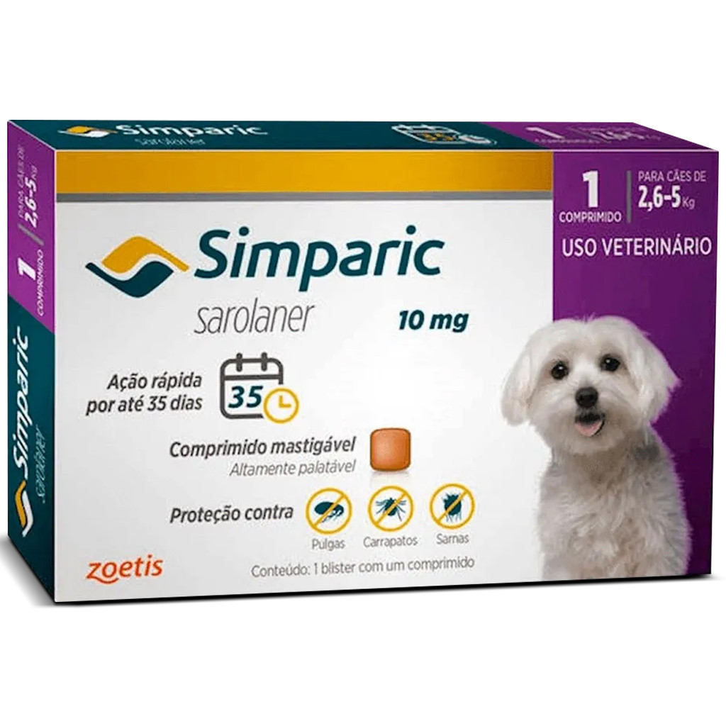 Antipulgas e Carrapatos Simparic 10mg para Cães de 2,6 a 5Kg – 1 Comprimido