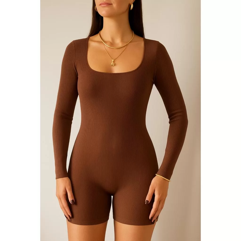 Macacão Feminino Manga Longa Ribana Canelada | Decote Quadrado | Confortável