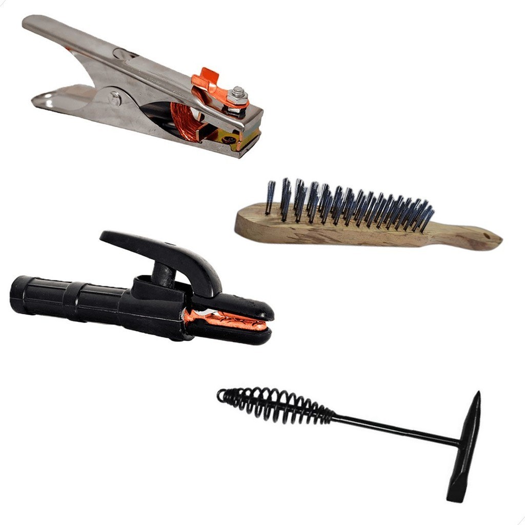Kit Escova Aço Picadeira de Solda Com Mola Garra Negativa Grampo Terra Porta Eletrodo Alicate 300a