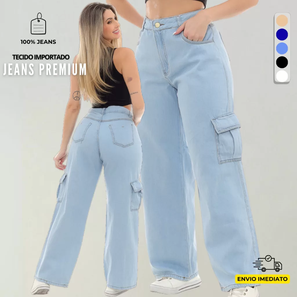 Calça Jeans Cargo Feminino Com Bolsos Laterais Perna Larga Wide Leg Cintura Alta 34 ao 44  +5 Cores