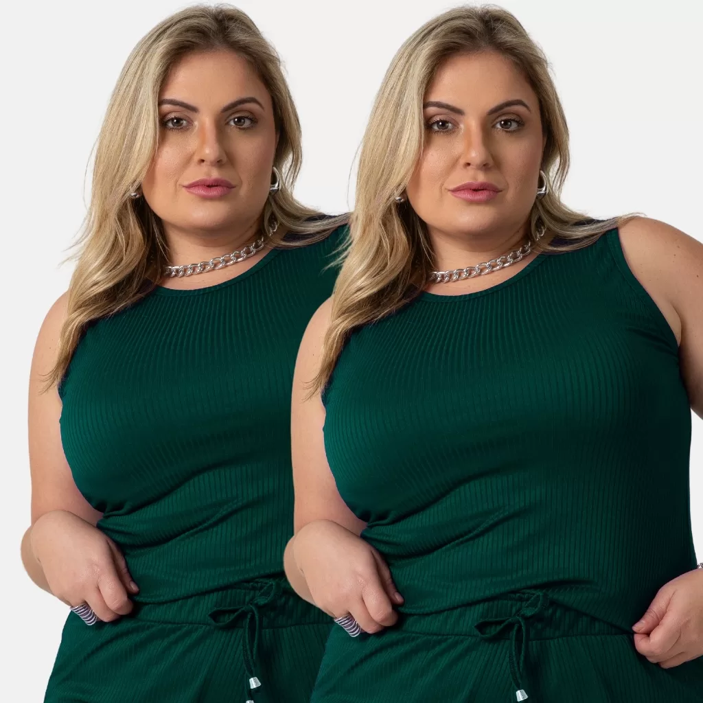 Kit 2 Regatas Plus Size Canelada Macia Feminina Várias Cores Ao G4 1213-K2-C3