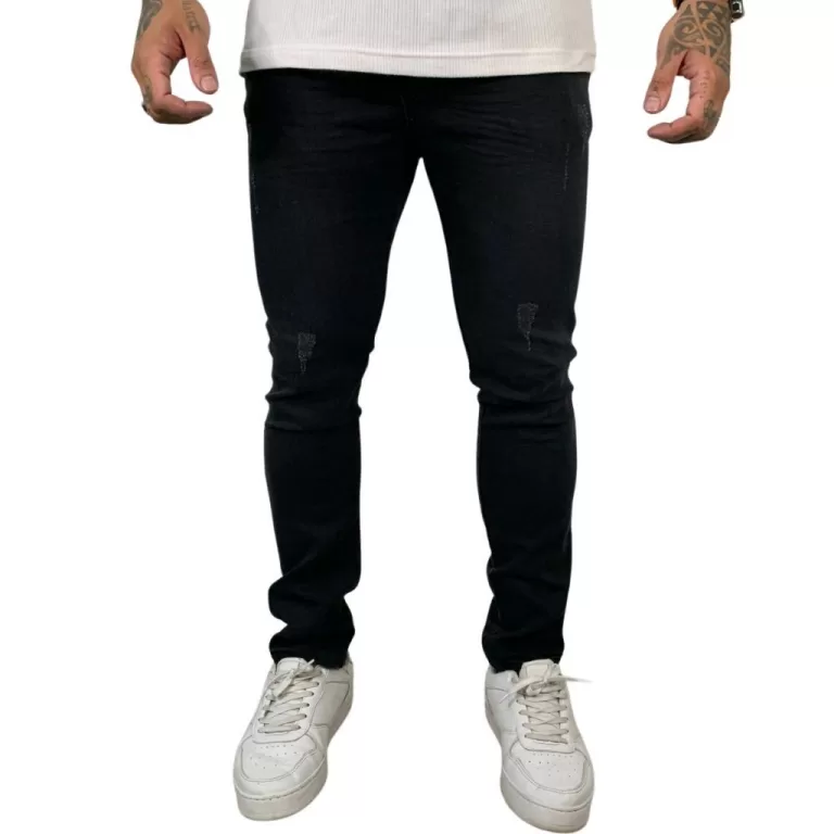 Calça Skinny Masculina Preta Rasgada Material Pre