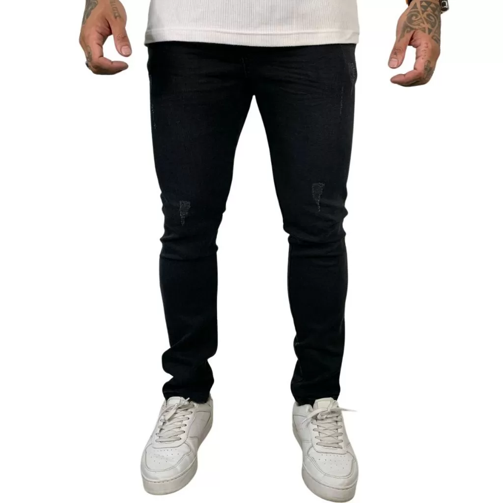 Calça Skinny Masculina Preta Rasgada Material Premium