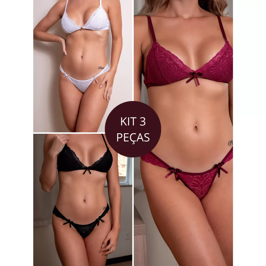 Kit 3 Peças – Conjunto Lingerie Iza Sem Bojo Triangulo Rendado Alça Regulável Atacado