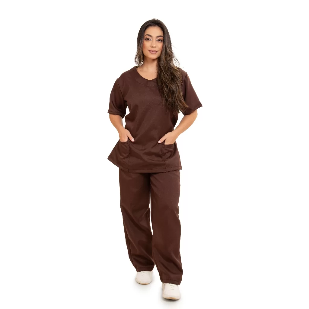 Uniforme Scrub Pijama Cirúrgico Enfermagem Escolha Unissex Cuidador Idoso Sem Estampa Liso Marrom