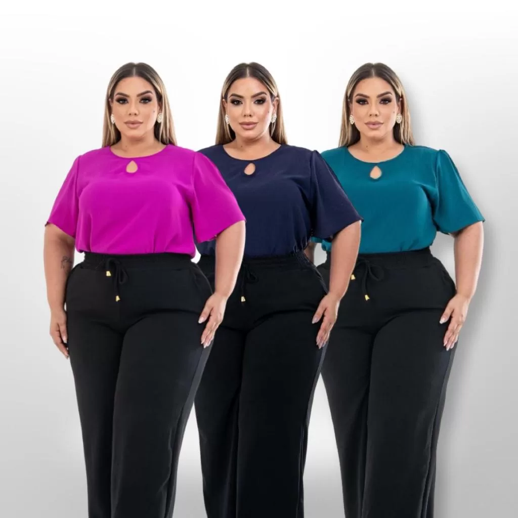 kit 3 blusas femininas plus size gola redonda com mangas