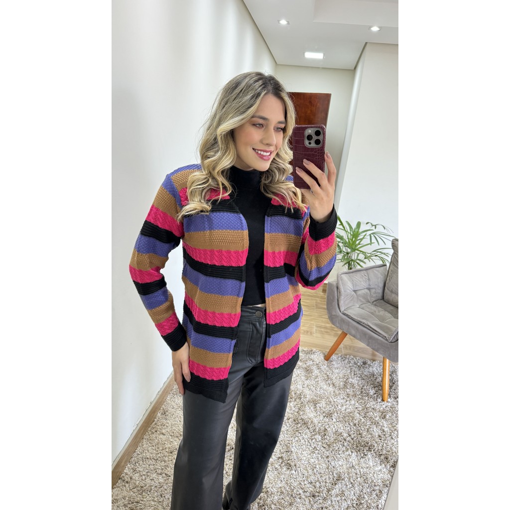 Casaco Tricô Blusa Tricô Feminina Cardigan Casaquinho inverno listrado