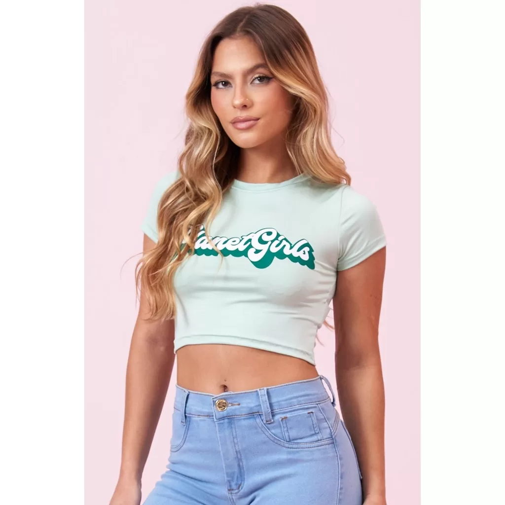 Cropped Feminino Groovy Logo Planet Girls Verde Médio