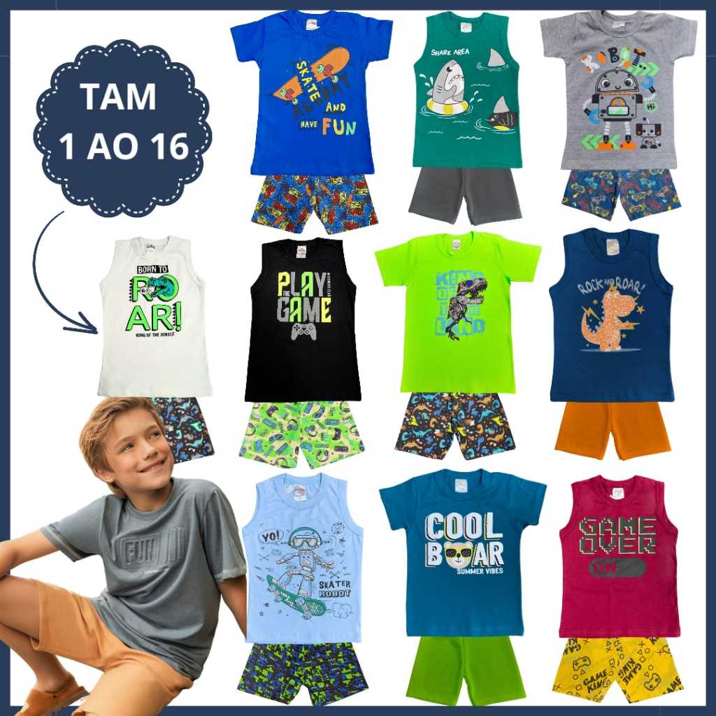 Kit 10 Peças Conjuntos Menino Verão| Roupa Infantil Masculina| 5 Camiseta 5 Bermuda Bebê  1 ao 16