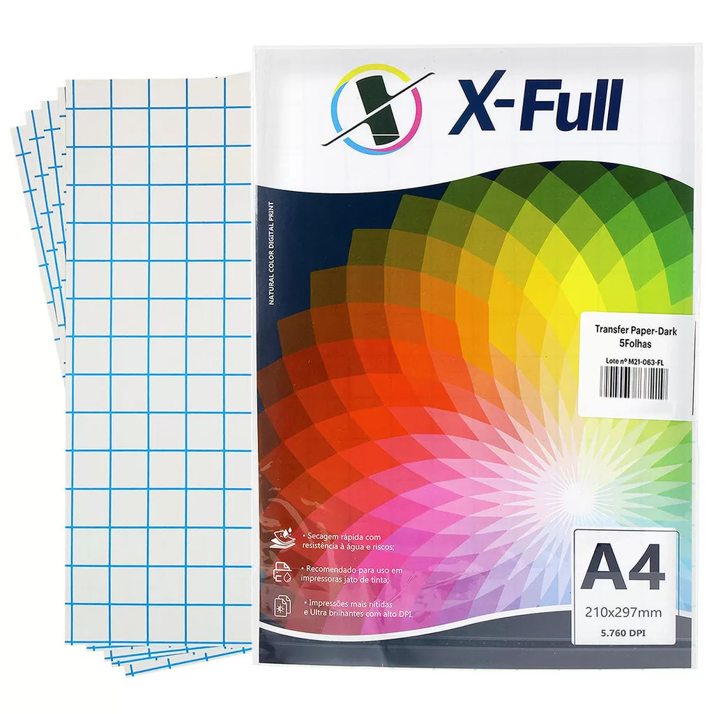 Papel Transfer Dark A4 170g para Tecido Escuro X-Full Impressão a Jato de Tinta Pacote com 5 folhas