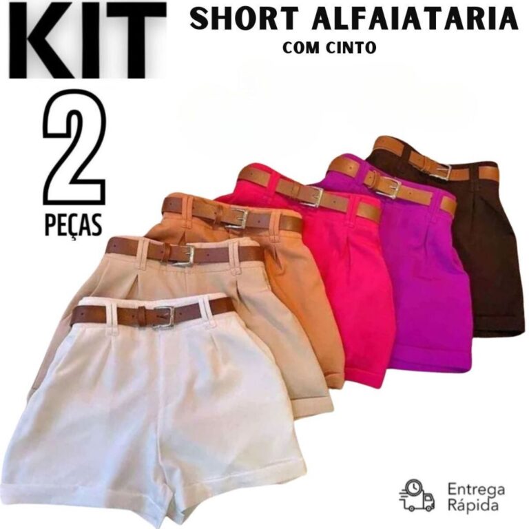 Kit 2 Short Alfaiataria Feminino Com Bolso Com Cin