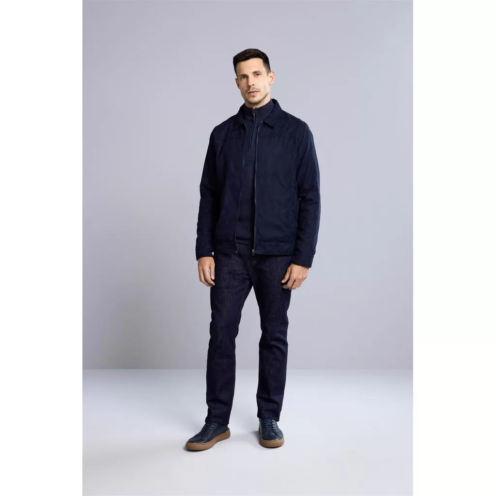 Jaqueta Trucker com Zíper Suede – Azul Marinho