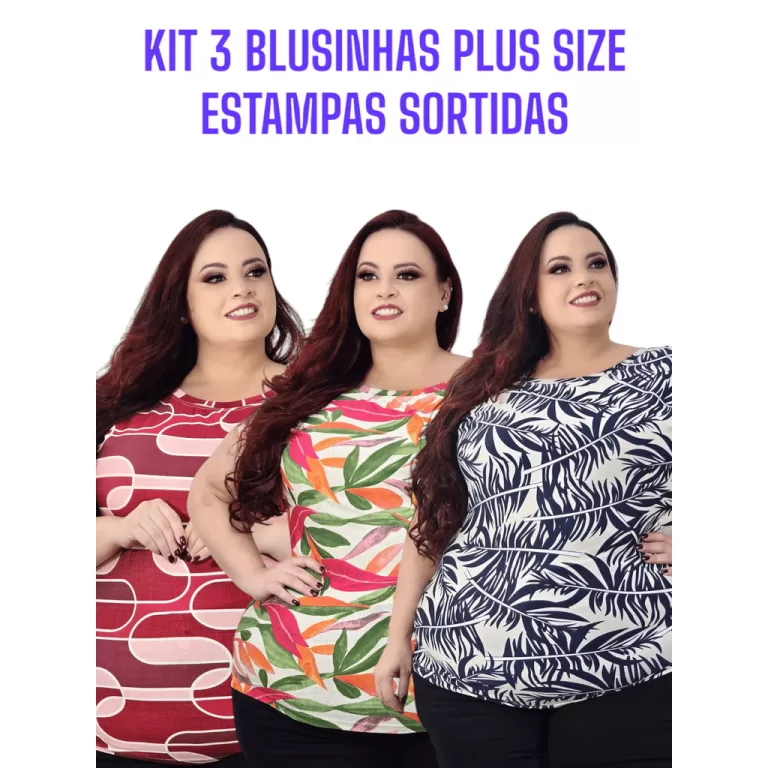 Kit com 3 blusinhas estampadas manga curta Plus si