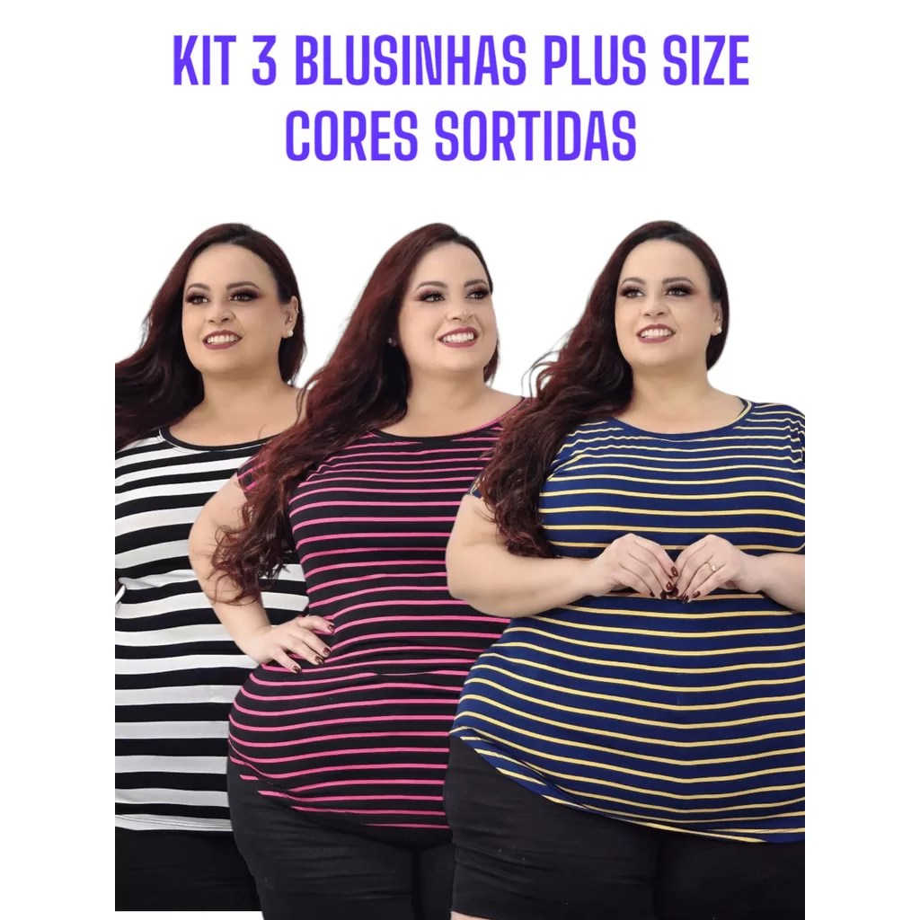 Kit com 3 blusinhas listradas manga curta Plus size – g1 ao g5 – cores listradas – malha