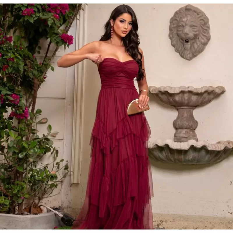 vestido de festa longo madrinha formatura casamento convidada debutante elegante tule marsala