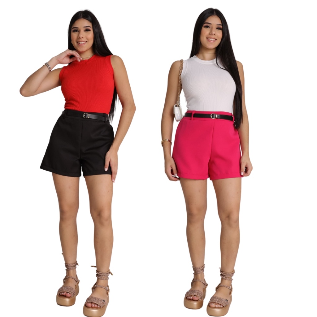 Kit 2 Shorts Feminino Infantil juvenil menina de alfaiataria bolsos laterais e cinto ajustável moda