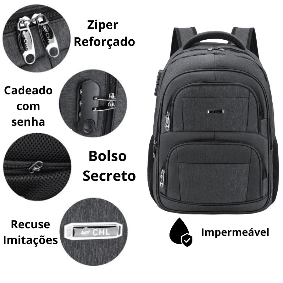 Mochila Grande Impermeável Faculdade Reforçada Notebook Cadeado com Bolso Anti-furto 90222