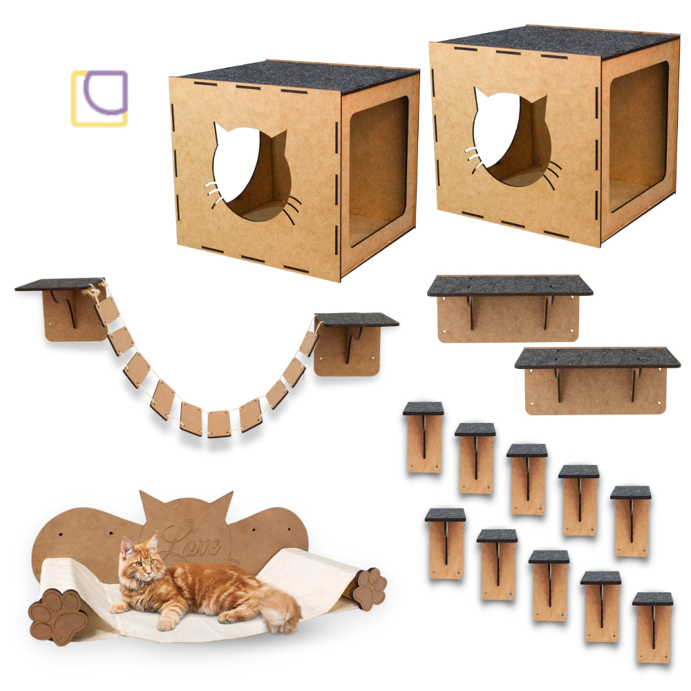 Playground Para Gatos 16 Peças Mdf 4mm Com Carpete Ponte Prateleira Degrau Caixa Casa