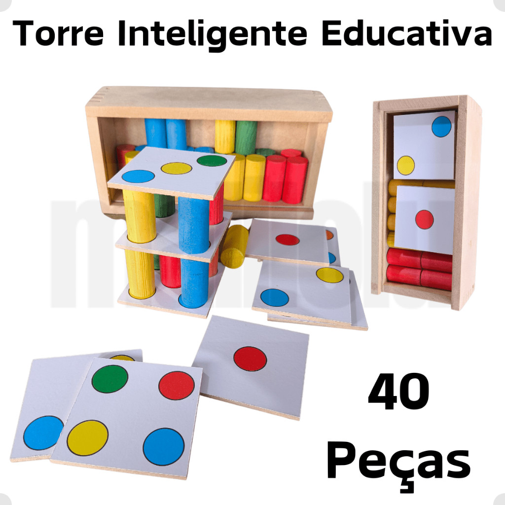 Torre Inteligente Pedagógica Brinquedo Educativo em Madeira Colorida Jogo Interativo com 40 peças