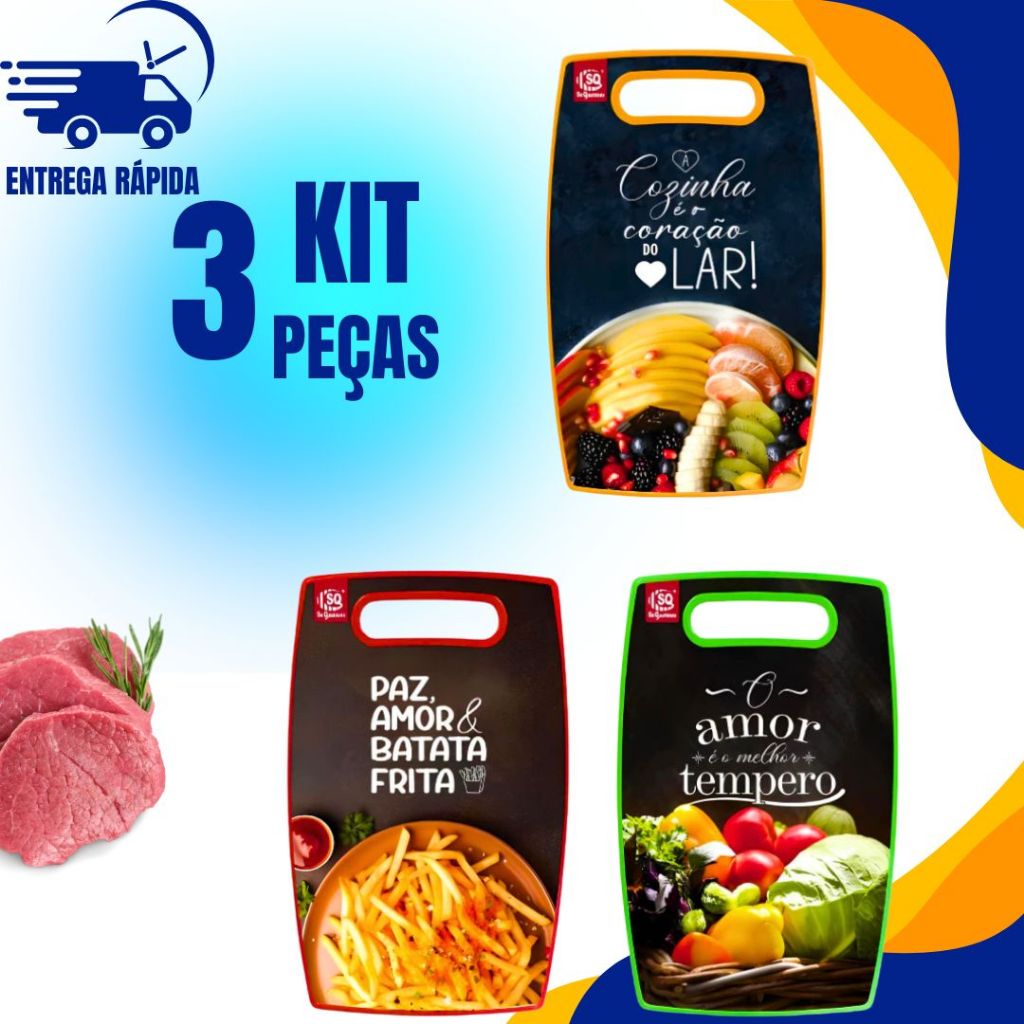 Kit 03 Tabua de Corte Resistente Para Carne Legumes Frutas Plástico Estampada Modelos Variádos