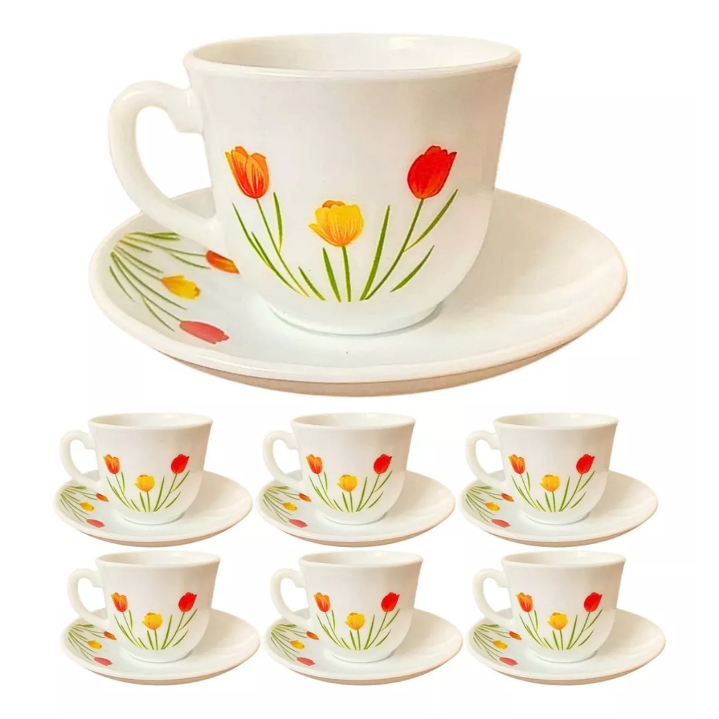 Jogo de Xícaras com Pires 12 peças Porcelana Decoradas Café Chá Canecas de Porcelana para Cozinha