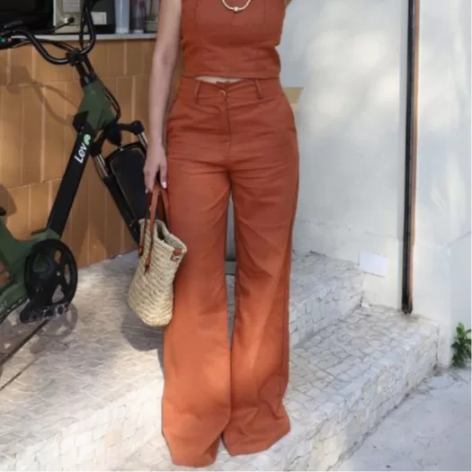 Calça pantalona linho premiun cintura alta