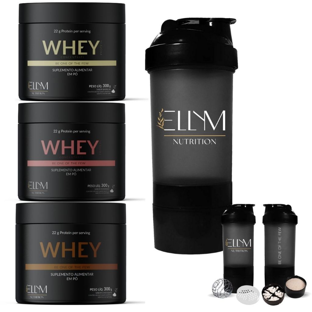 Kit Whey Protein Napolitano 900g (3x300g) Proteína + Coqueteleira Ellym Nutrition Compartimentos