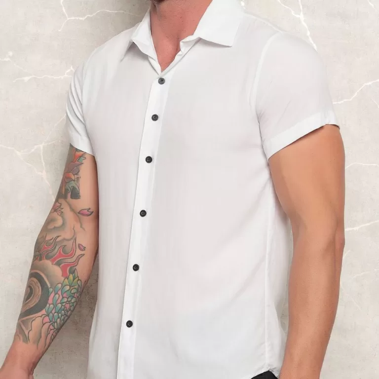 Blusa Camisa Social Masculina Manga Curta com Bot