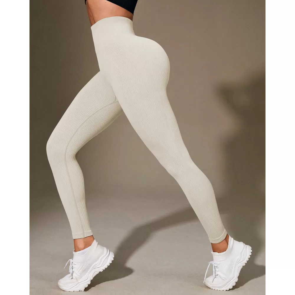 Calça Legging Canelada de Cintura Alta Sem Costura para Academia Feminina, Elástica, Esportiva e Fit