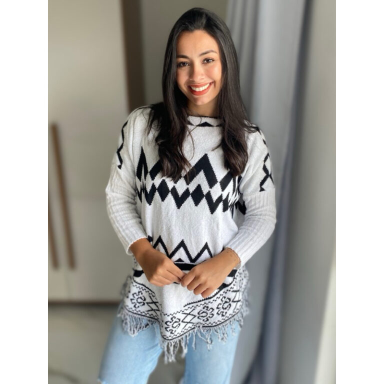 Poncho Tricot fio MOUSSE feminino com estampa e fr